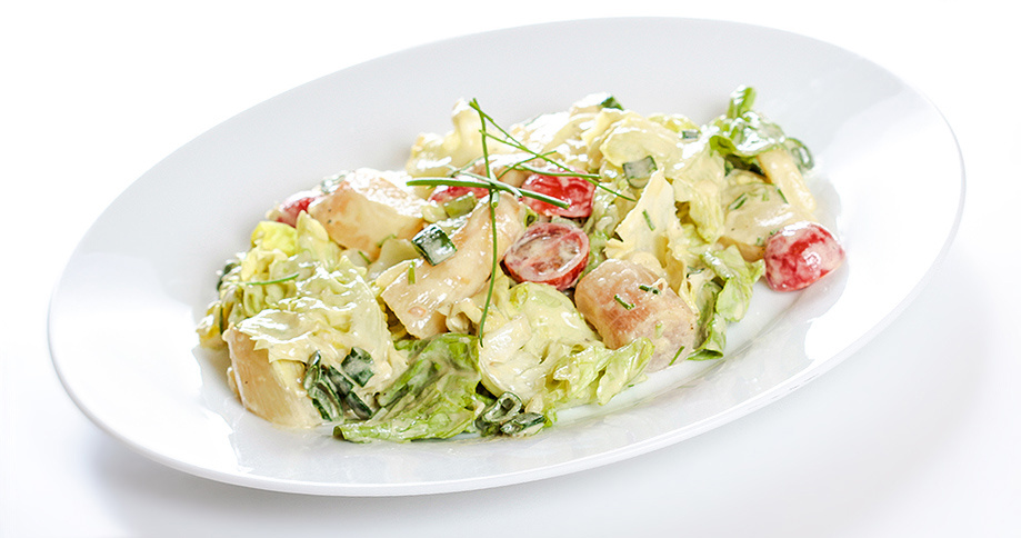 Kartoffelsalat mit Spargel und hausgemachte Pödör Bio Hanföl sauce